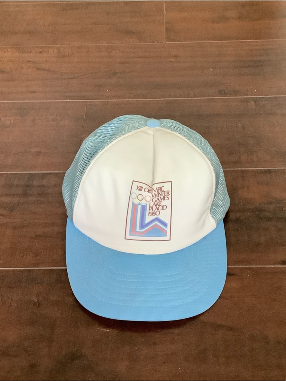 Vintage 1980 Winter Olympics Trucker Hat Blue White Mesh Snapback USA Olympics